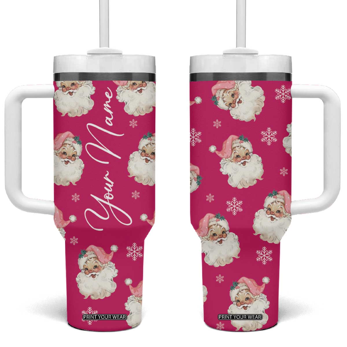 Personalized Christmas Tumbler With Handle Custom Name Pink Santa Claus Retro Xmas Gifts TB10 One Size: 40 oz Hot Pink Print Your Wear