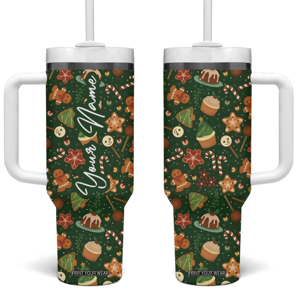 Personalized Christmas Tumbler With Handle Custom Name Car Cup Holder Xmas Gifts TB10 One Size: 40 oz Green Print Your Wear