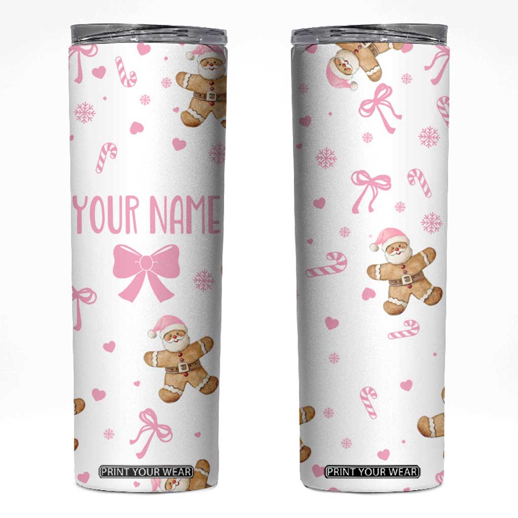 Personalized Christmas Skinny Tumbler Custom Name Coquette Pink Bow Gingerbread Man TB10 White Print Your Wear