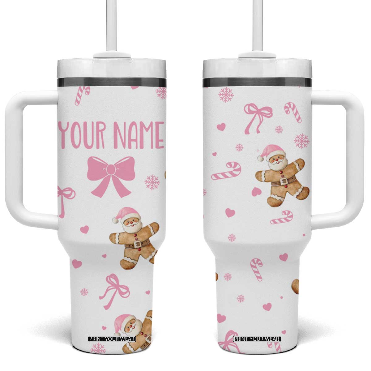 Personalized Christmas Tumbler With Handle Custom Name Coquette Pink Bow Gingerbread Man TB10 One Size: 40 oz White Print Your Wear