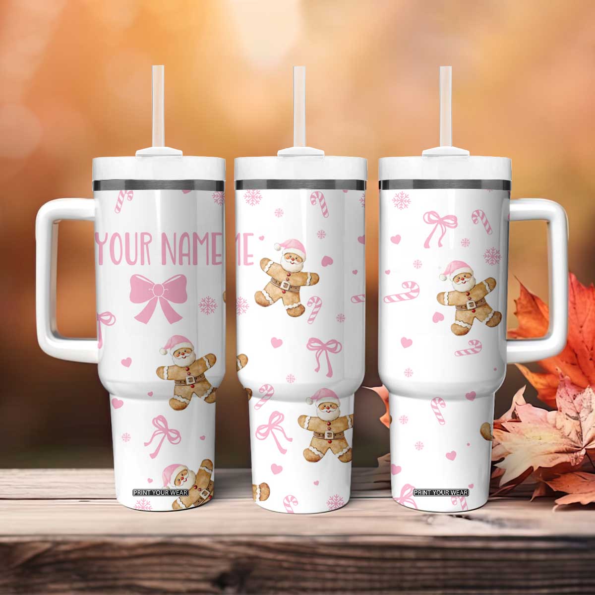 Personalized Christmas Tumbler With Handle Custom Name Coquette Pink Bow Gingerbread Man TB10 Print Your Wear