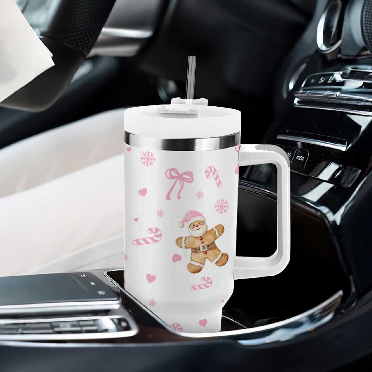 Personalized Christmas Tumbler With Handle Custom Name Coquette Pink Bow Gingerbread Man TB10 Print Your Wear