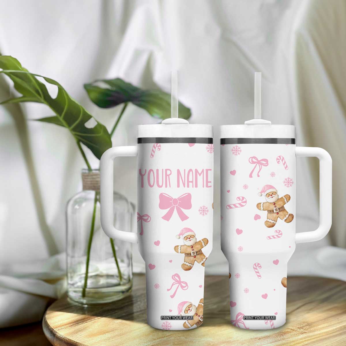Personalized Christmas Tumbler With Handle Custom Name Coquette Pink Bow Gingerbread Man TB10 Print Your Wear