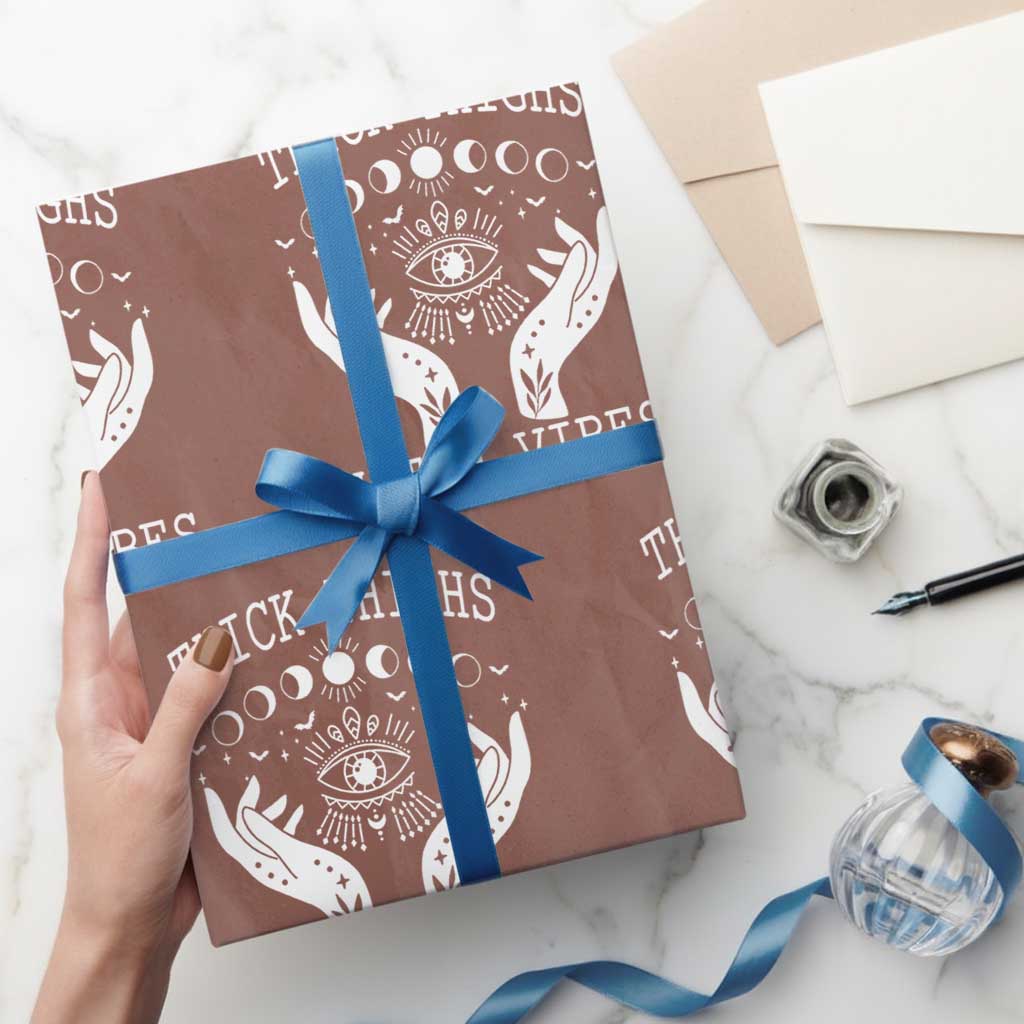 Thick Thighs Witch Vibes Wrapping Paper Roll Celestial Witchcraft Moon Phases TS02 Mocha Print Your Wear