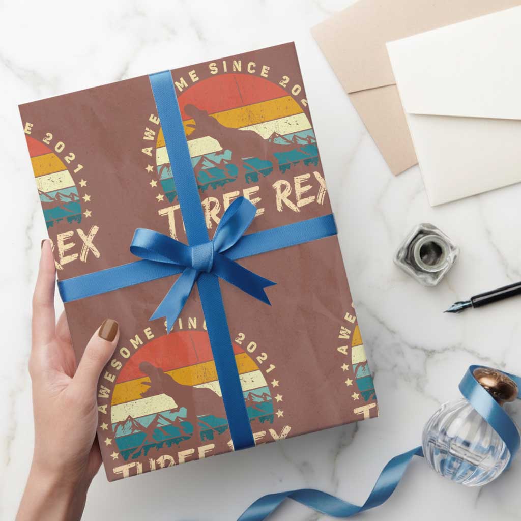 Three Rex 3rd Birthday Wrapping Paper Roll 3 Years Old Dinosaur Bday Boy TS02 Mocha Print Your Wear