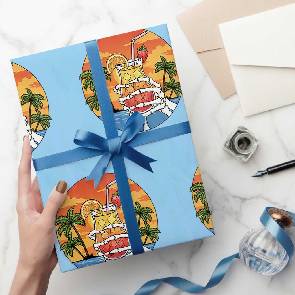 Tropical Skeleton Summerween Wrapping Paper Roll Beach Cocktail Vacation TS12 Light Blue Print Your Wear