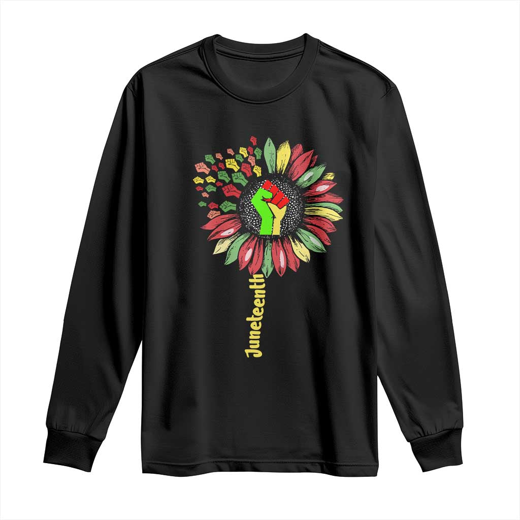 Juneteenth Long Sleeve Shirt Sunflower with Raised Fist Black History African American TS01 Black Print Your Wear