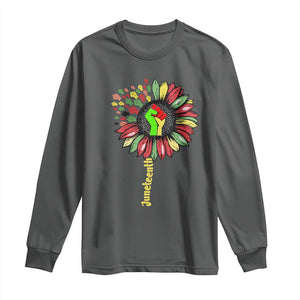 Juneteenth Long Sleeve Shirt Sunflower with Raised Fist Black History African American TS01 Dark Heather Print Your Wear