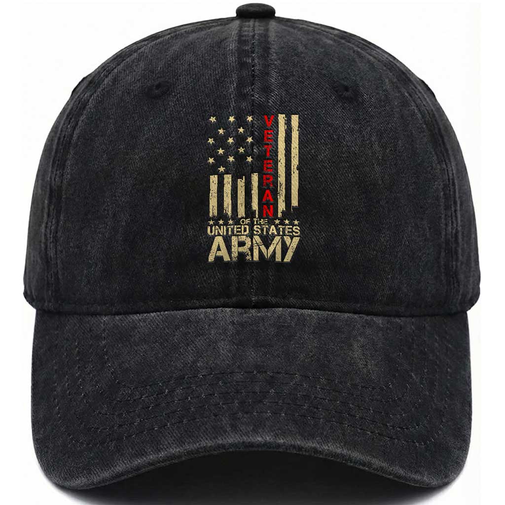 Patriotic U.S. Army Veteran Washed Cotton Baseball Cap Vintage Red Line American Flag Military TS01 Washed Cap Universal Fit Black Print Your Wear