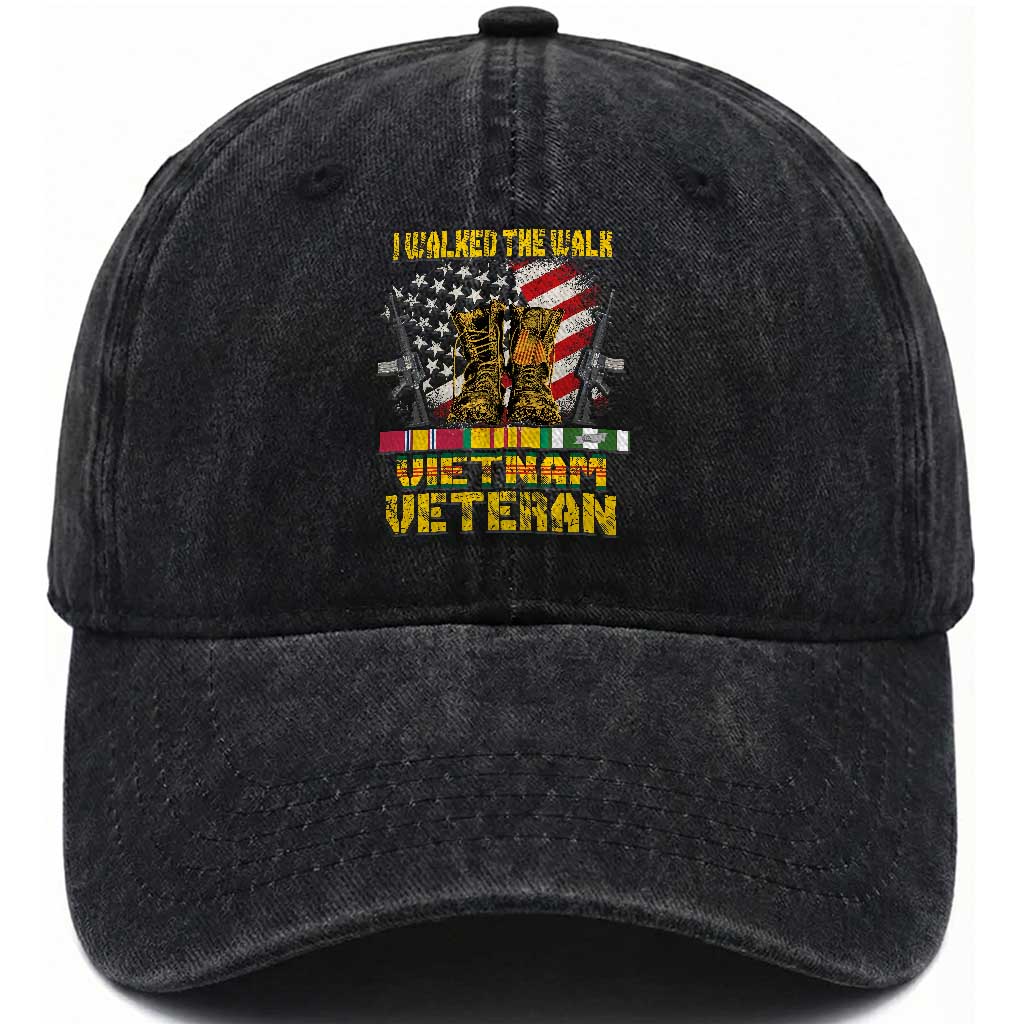 Vietnam Veteran Washed Cotton Baseball Cap US Flag & Combat Boots Patriotic Design TS01 Washed Cap Universal Fit Black Print Your Wear