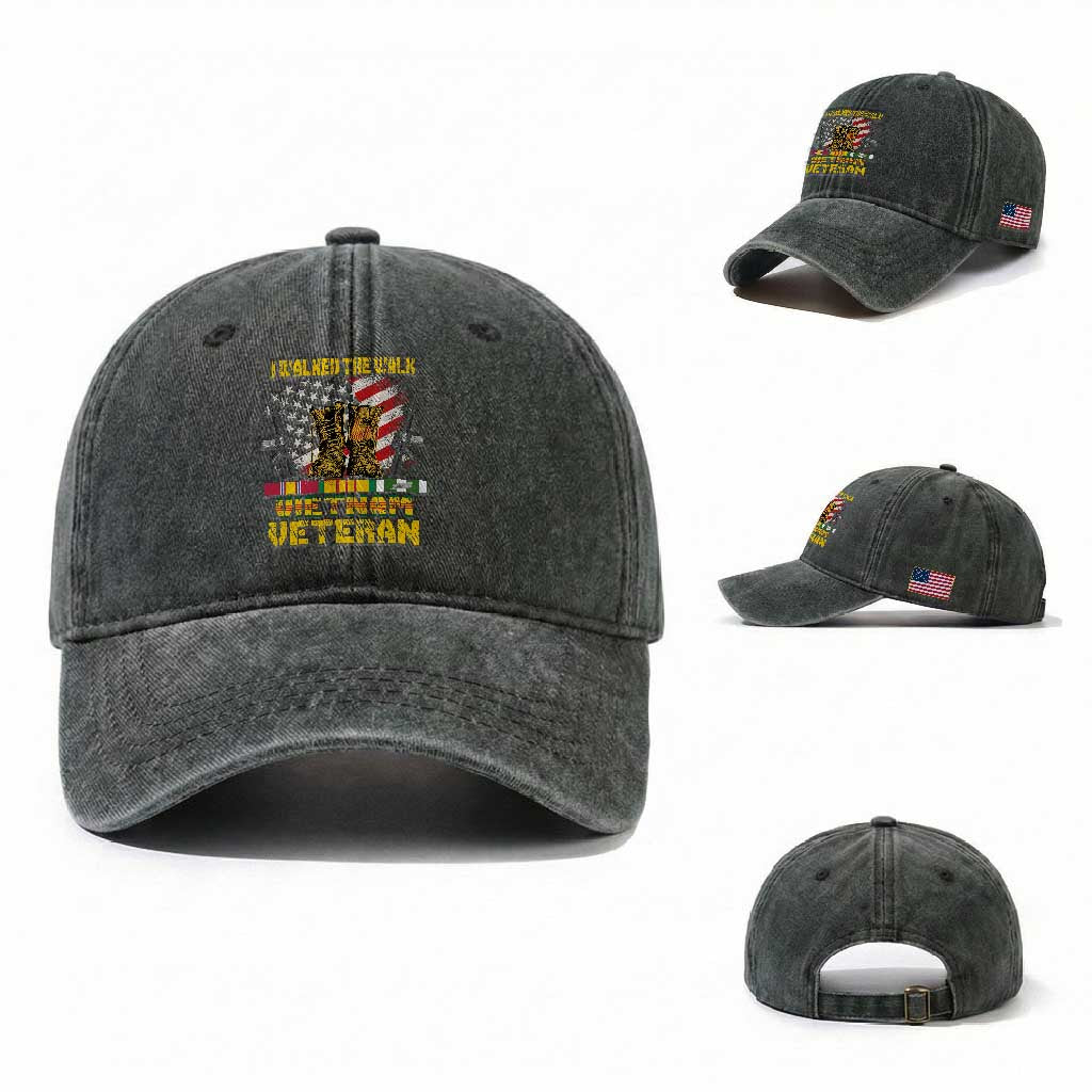 Vietnam Veteran Washed Cotton Baseball Cap US Flag & Combat Boots Patriotic Design TS01 Washed Cap Universal Fit Dark Green Print Your Wear