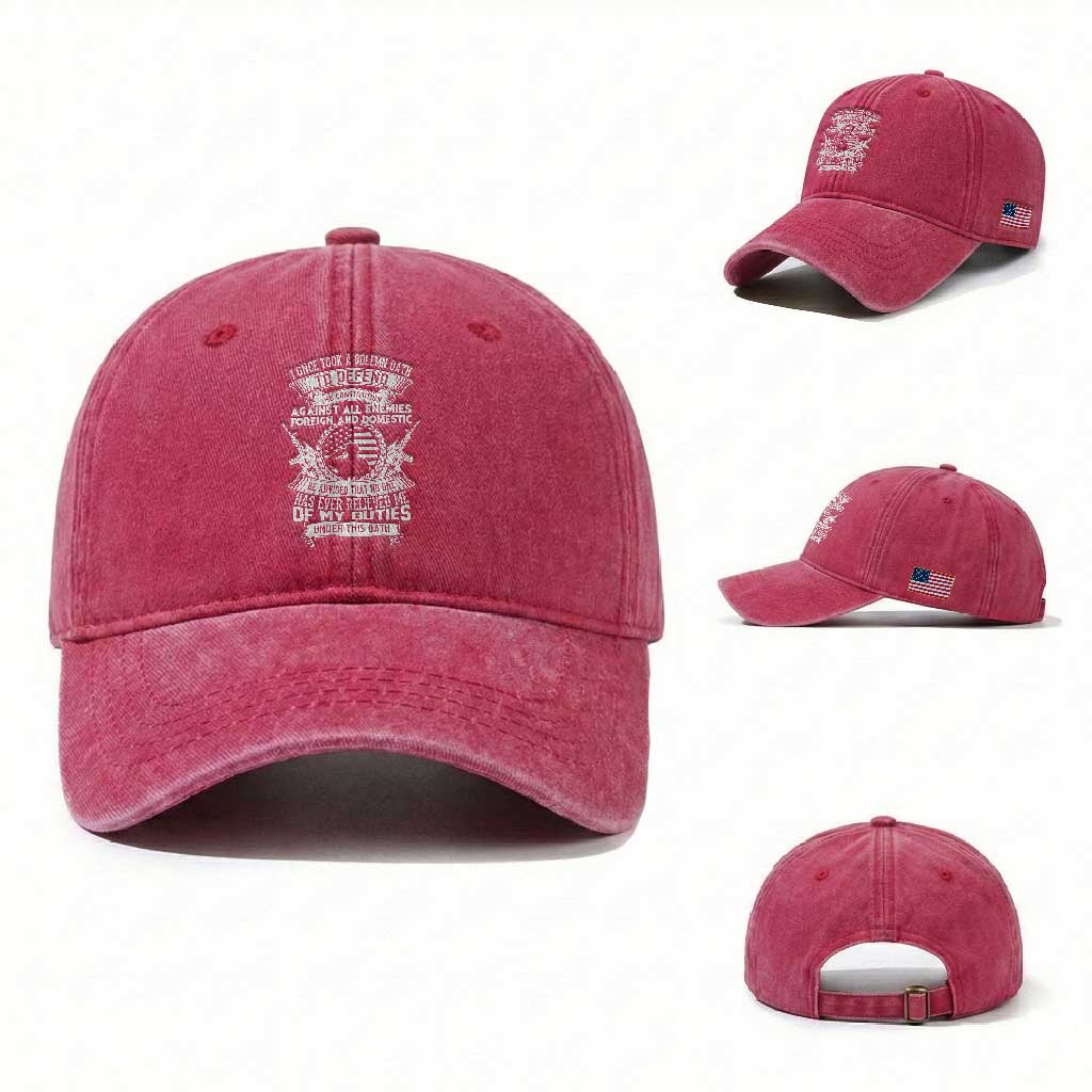 Army Veteran Washed Cotton Baseball Cap American Oath, Defend the Constitution, Patriotic Gift TS01 Washed Cap Universal Fit Red Print Your Wear