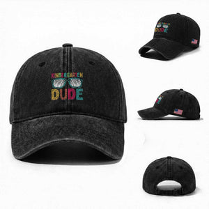 Kindergarten Dude Washed Cotton Baseball Cap Funny First Day Back to School Student TS01 Washed Cap Universal Fit Black Print Your Wear