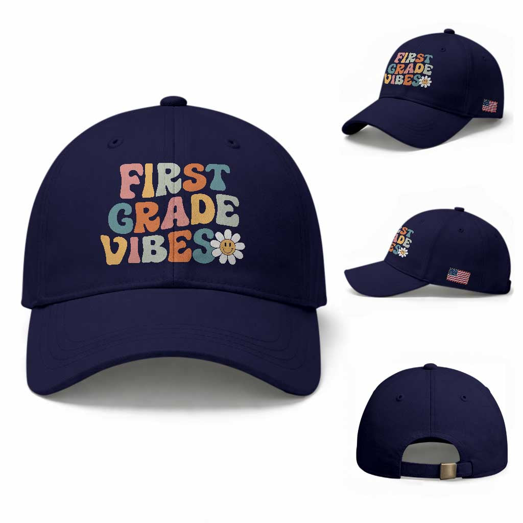 Retro 1st Day of School Baseball Cap First Grade Vibes 1st Grade Team TS01 Baseball Cap Universal Fit Dark Blue Print Your Wear