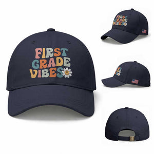 Retro 1st Day of School Baseball Cap First Grade Vibes 1st Grade Team TS01 Baseball Cap Universal Fit Navy Print Your Wear