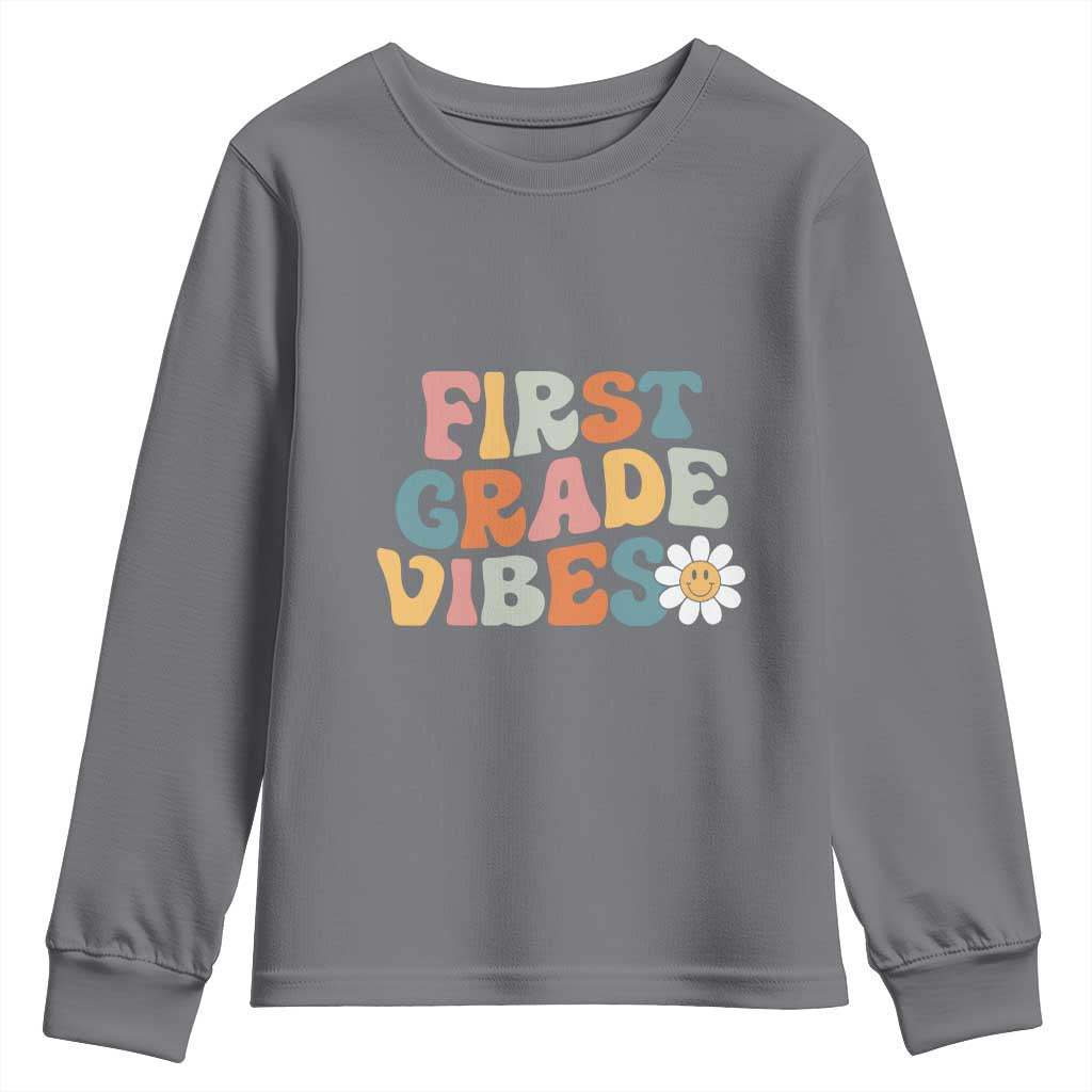 Retro 1st Day of School Youth Sweatshirt First Grade Vibes 1st Grade Team TS01 Charcoal Print Your Wear