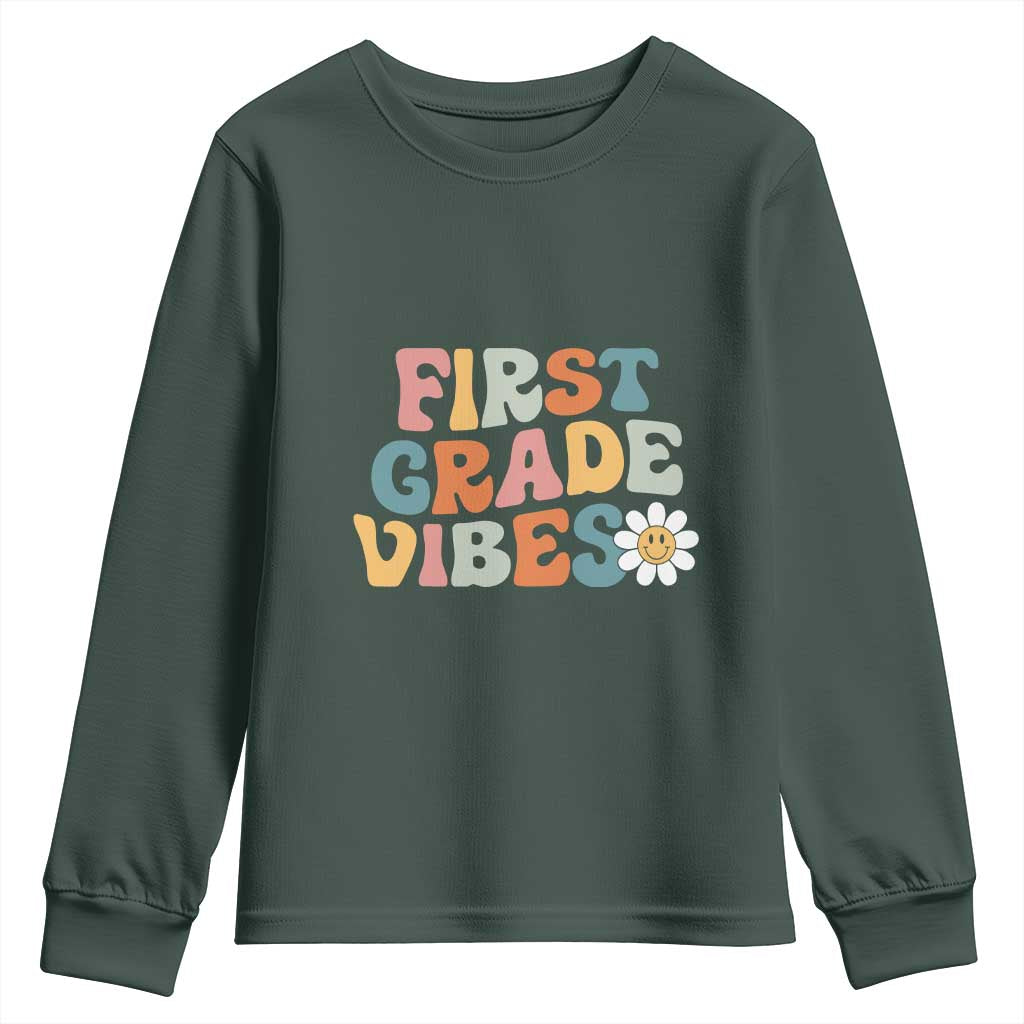 Retro 1st Day of School Youth Sweatshirt First Grade Vibes 1st Grade Team TS01 Dark Forest Green Print Your Wear