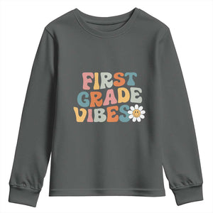 Retro 1st Day of School Youth Sweatshirt First Grade Vibes 1st Grade Team TS01 Dark Heather Print Your Wear
