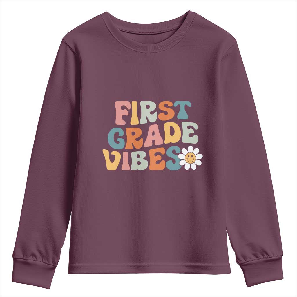 Retro 1st Day of School Youth Sweatshirt First Grade Vibes 1st Grade Team TS01 Maroon Print Your Wear