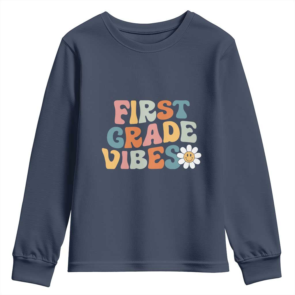 Retro 1st Day of School Youth Sweatshirt First Grade Vibes 1st Grade Team TS01 Navy Print Your Wear