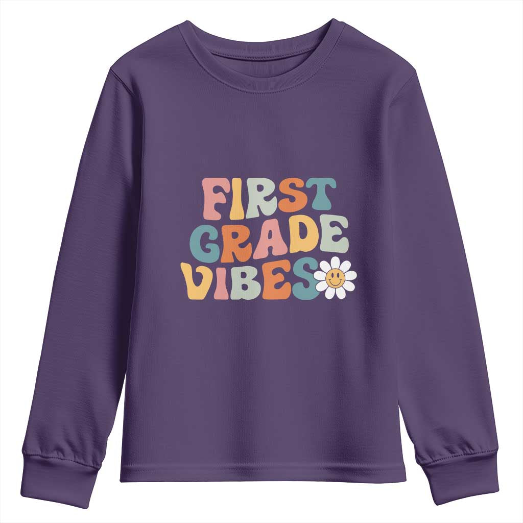 Retro 1st Day of School Youth Sweatshirt First Grade Vibes 1st Grade Team TS01 Purple Print Your Wear