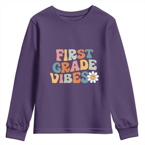 Retro 1st Day of School Youth Sweatshirt First Grade Vibes 1st Grade Team TS01 Purple Print Your Wear