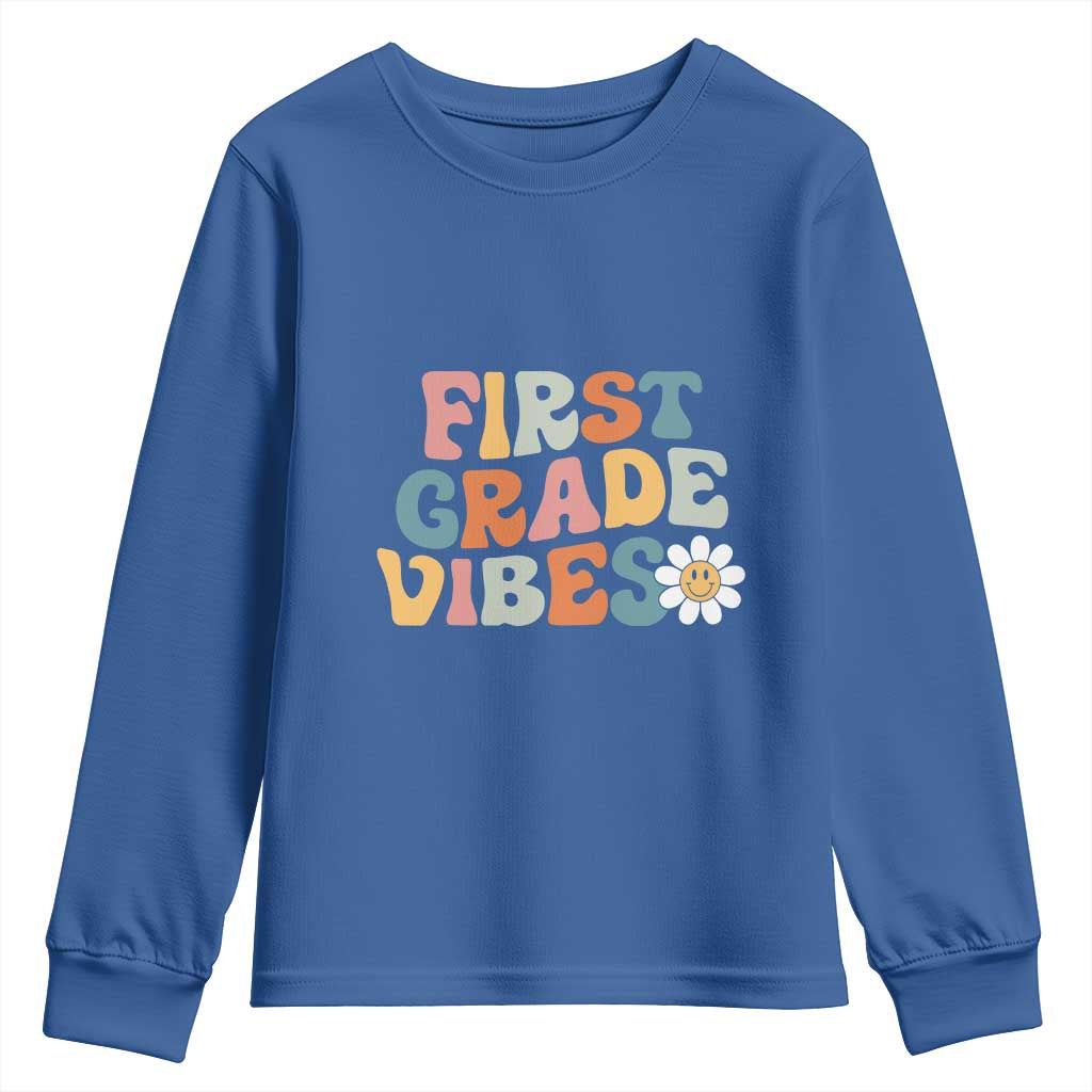 Retro 1st Day of School Youth Sweatshirt First Grade Vibes 1st Grade Team TS01 Royal Blue Print Your Wear