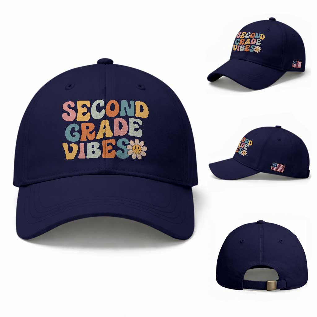 Groovy Retro Second Grade Vibes Baseball Cap Back to School 2nd Grade Team TS01 Baseball Cap Universal Fit Dark Blue Print Your Wear