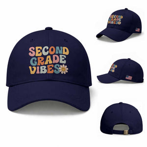 Groovy Retro Second Grade Vibes Baseball Cap Back to School 2nd Grade Team TS01 Baseball Cap Universal Fit Dark Blue Print Your Wear
