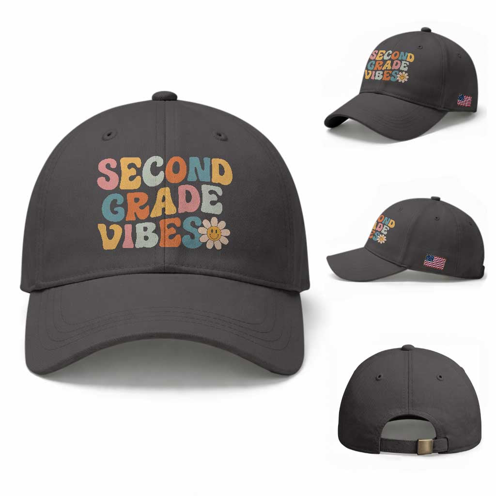 Groovy Retro Second Grade Vibes Baseball Cap Back to School 2nd Grade Team TS01 Baseball Cap Universal Fit Dark Gray Print Your Wear