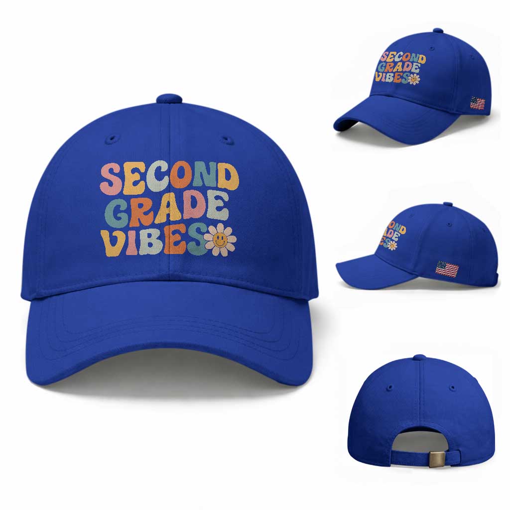 Groovy Retro Second Grade Vibes Baseball Cap Back to School 2nd Grade Team TS01 Baseball Cap Universal Fit Royal Blue Print Your Wear