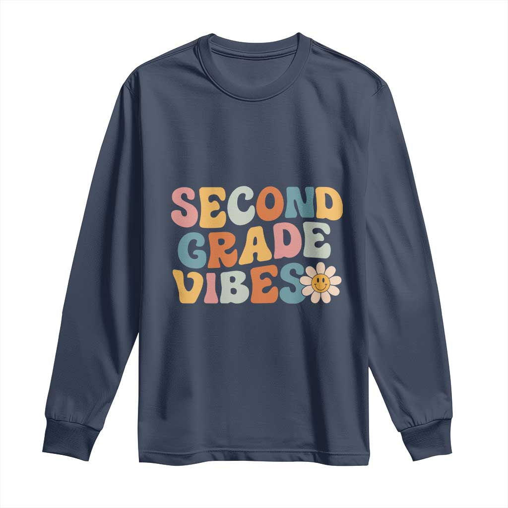 Groovy Retro Second Grade Vibes Long Sleeve Shirt Back to School 2nd Grade Team TS01 Navy Print Your Wear