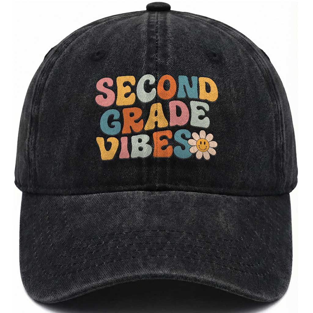 Groovy Retro Second Grade Vibes Washed Cotton Baseball Cap Back to School 2nd Grade Team TS01 Print Your Wear