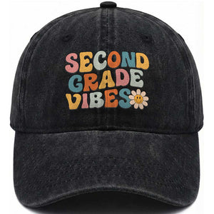 Groovy Retro Second Grade Vibes Washed Cotton Baseball Cap Back to School 2nd Grade Team TS01 Print Your Wear