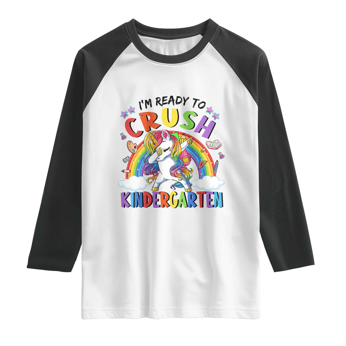 Ready to Crush Kindergarten Cute Girls Raglan Shirt First Day Back to School TS01 White Black Print Your Wear