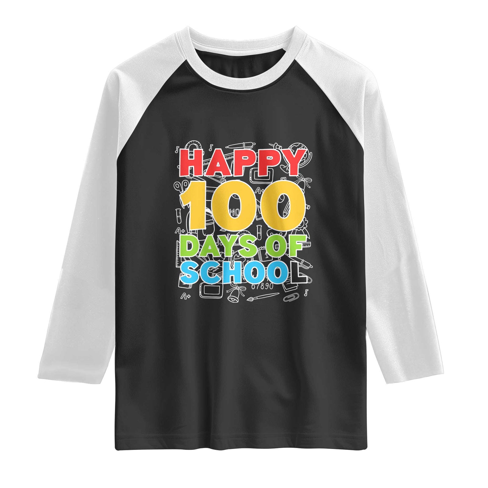 Happy 100 Days of School Raglan Shirt Cute Celebration Gift for Teachers and Kids TS01 Black White Print Your Wear