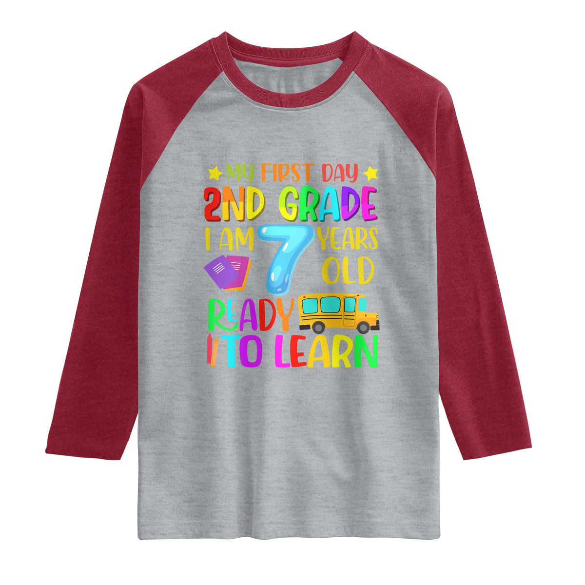 My First Day of 2nd Grade Raglan Shirt Ready to Learn Back to School TS01 Heather Gray Heather Red Print Your Wear