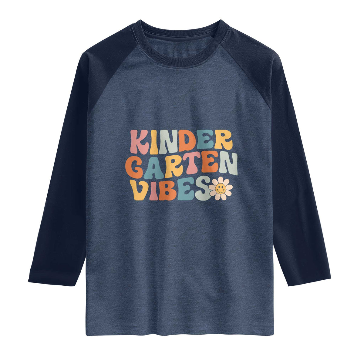 Retro Kindergarten Vibes Raglan Shirt Cute Kinder Crew First Day of School TS01 Heather Denim Navy Print Your Wear