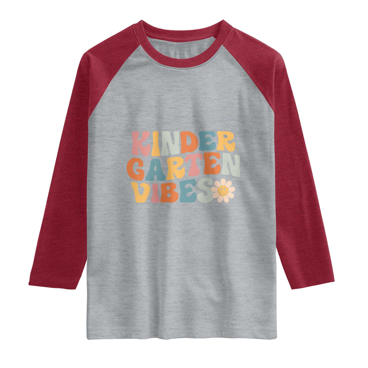 Retro Kindergarten Vibes Raglan Shirt Cute Kinder Crew First Day of School TS01 Heather Gray Heather Red Print Your Wear