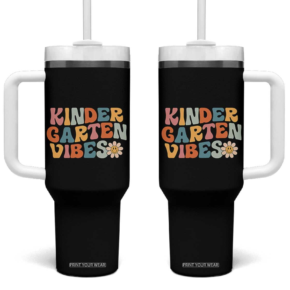 Retro Kindergarten Vibes Tumbler With Handle Cute Kinder Crew First Day of School TS01 One Size: 40 oz Black Print Your Wear