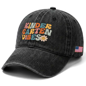 Retro Kindergarten Vibes Washed Cotton Baseball Cap Cute Kinder Crew First Day of School TS01 Print Your Wear