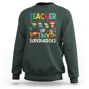 Teacher of Tiny Superheroes Sweatshirt Funny 100th Day of School TS01 Dark Forest Green Print Your Wear