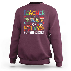 Teacher of Tiny Superheroes Sweatshirt Funny 100th Day of School TS01 Maroon Print Your Wear