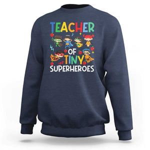 Teacher of Tiny Superheroes Sweatshirt Funny 100th Day of School TS01 Navy Print Your Wear