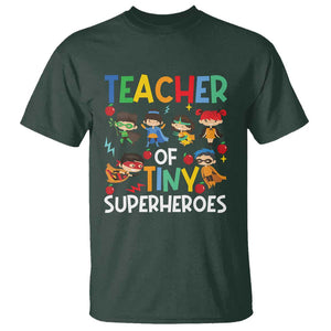 Teacher of Tiny Superheroes T Shirt Funny 100th Day of School TS01 Dark Forest Green Print Your Wear