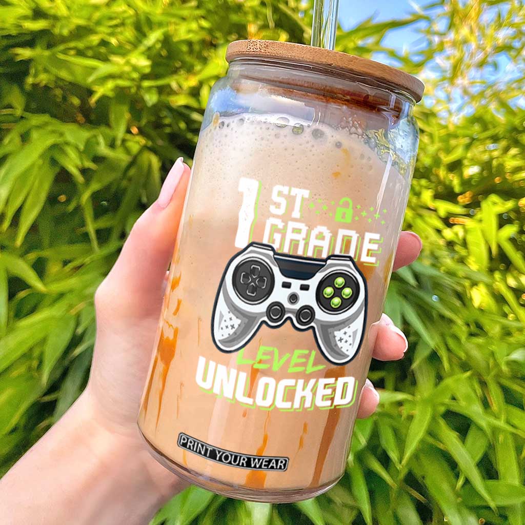 Leveling Up To School Funny Gamer Boys Glass Can First Day Back to School Gift TS01 Black Print Your Wear