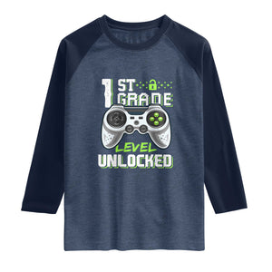Leveling Up To School Funny Gamer Boys Raglan Shirt First Day Back to School Gift TS01 Heather Denim Navy Print Your Wear