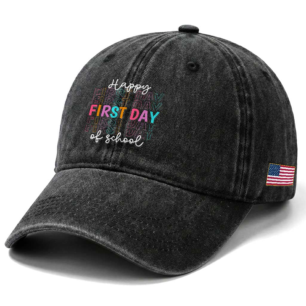 Happy First Day of School Washed Cotton Baseball Cap Positive Vibe Teacher and Student Gift TS01 Print Your Wear