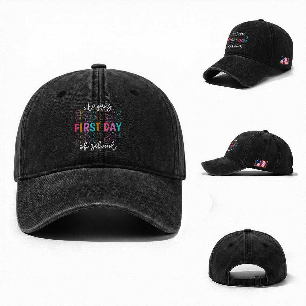 Happy First Day of School Washed Cotton Baseball Cap Positive Vibe Teacher and Student Gift TS01 Washed Cap Universal Fit Black Print Your Wear