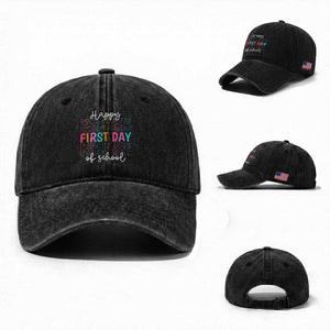 Happy First Day of School Washed Cotton Baseball Cap Positive Vibe Teacher and Student Gift TS01 Washed Cap Universal Fit Black Print Your Wear